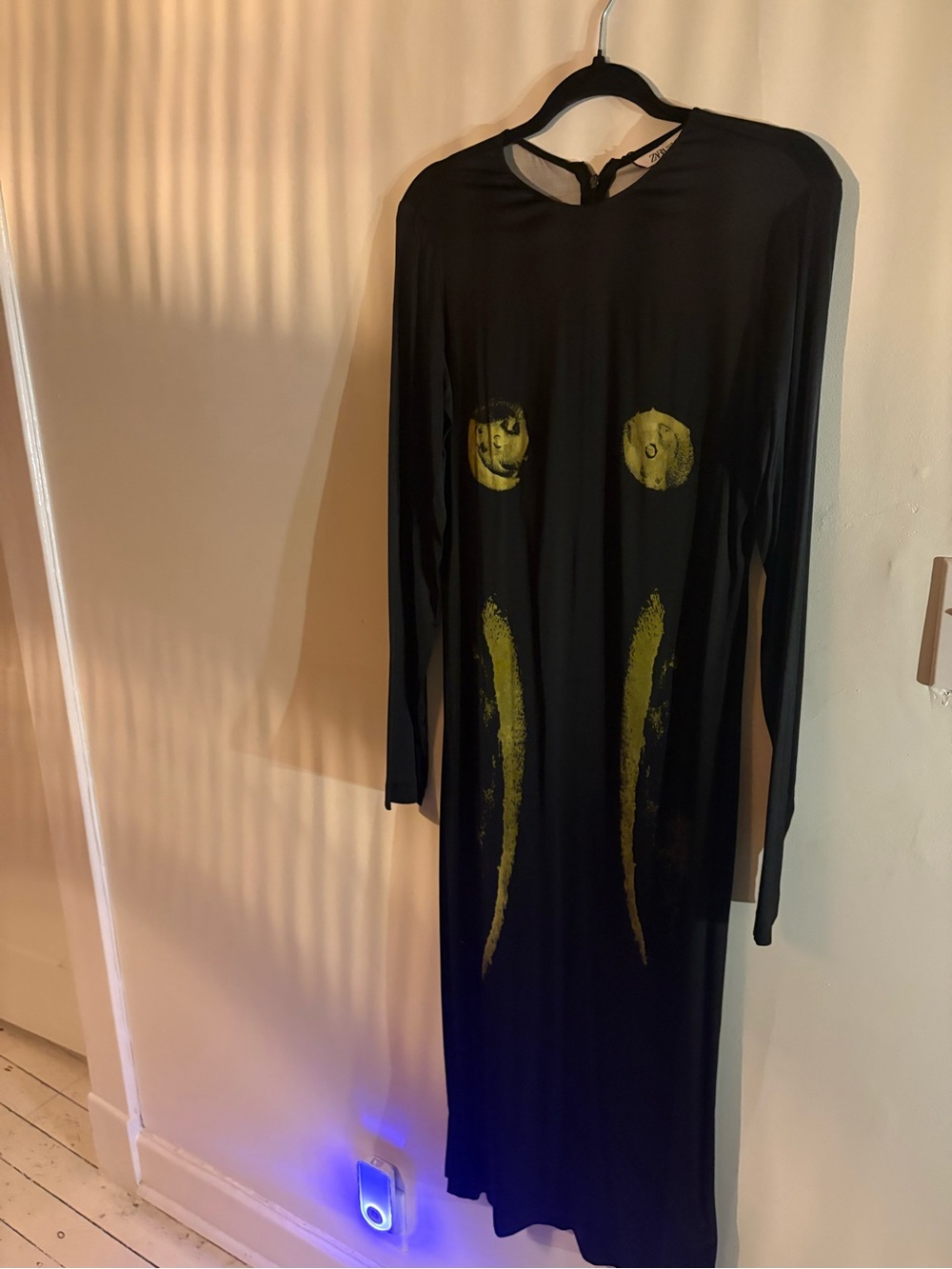 Zara Black Long-Sleeve Maxi Dress with Yellow Graphic Accents